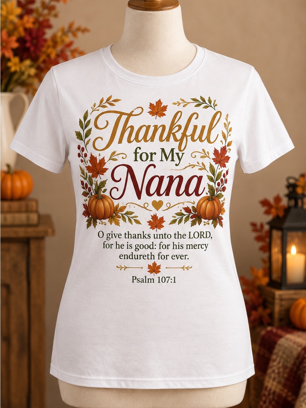 Gildan White Tee with Fall 'Thankful for My Nana' Pumpkin Design